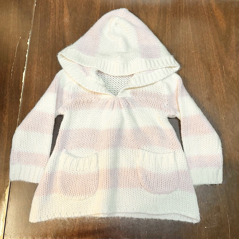 Old Navy Baby Girls Hooded Sweater Pink White Striped Tunic 6-12 Months Y2K